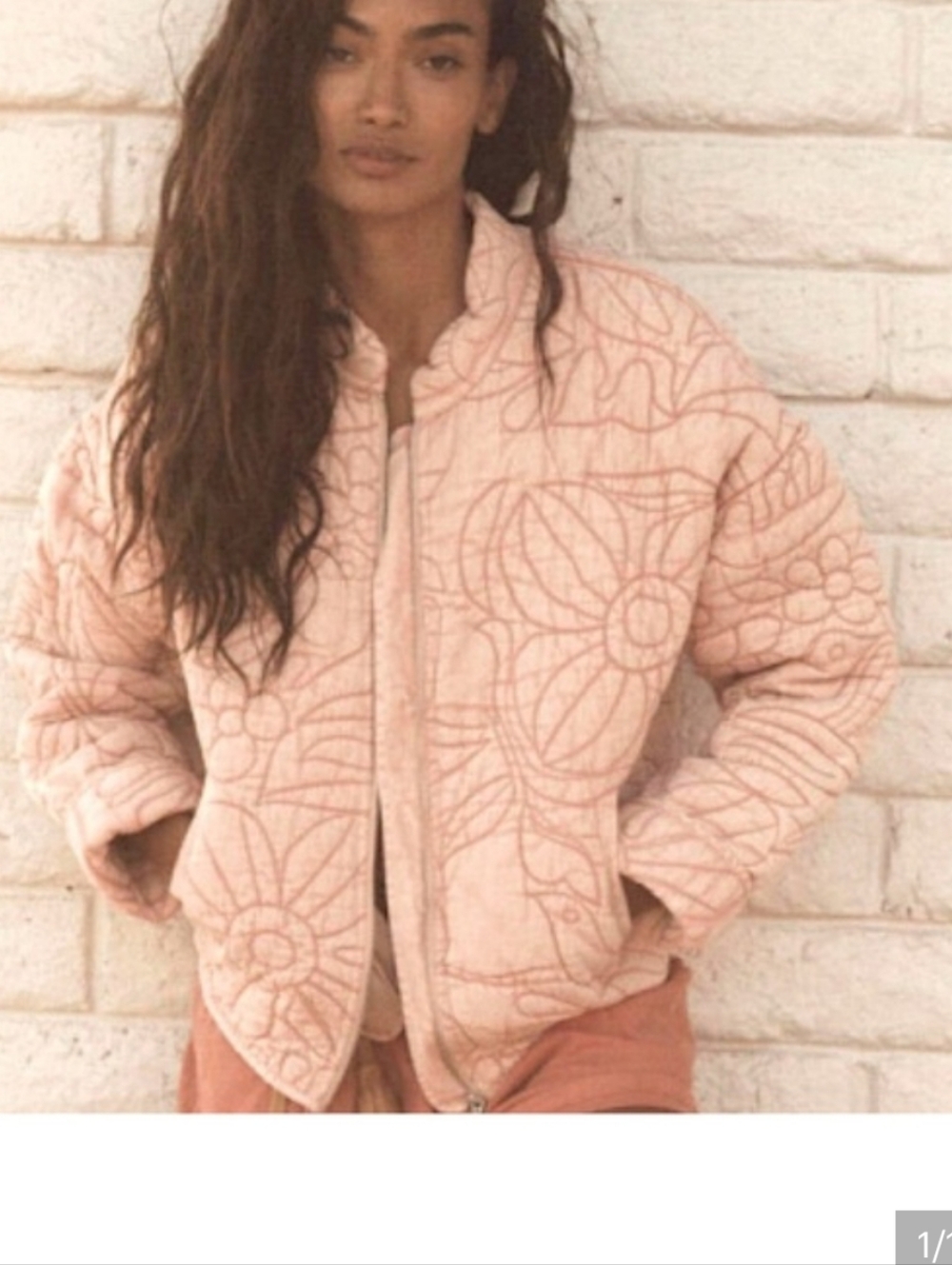 Anthropologie Quilted Floral Bird Puffer Jacket - Light Pink
